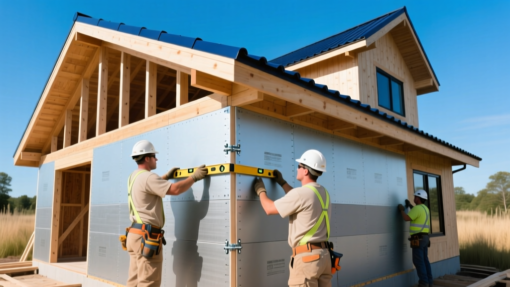 Crew installing prefabricated structural insulated wall panels on a modern timber frame house exterior under clear blue skies.