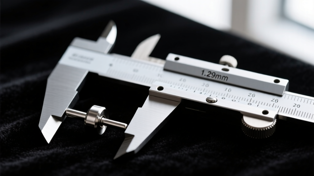 Macro shot of digital calipers measuring the 1.29mm thickness of a 16-gauge titanium labret post on a dark velvet jeweler
