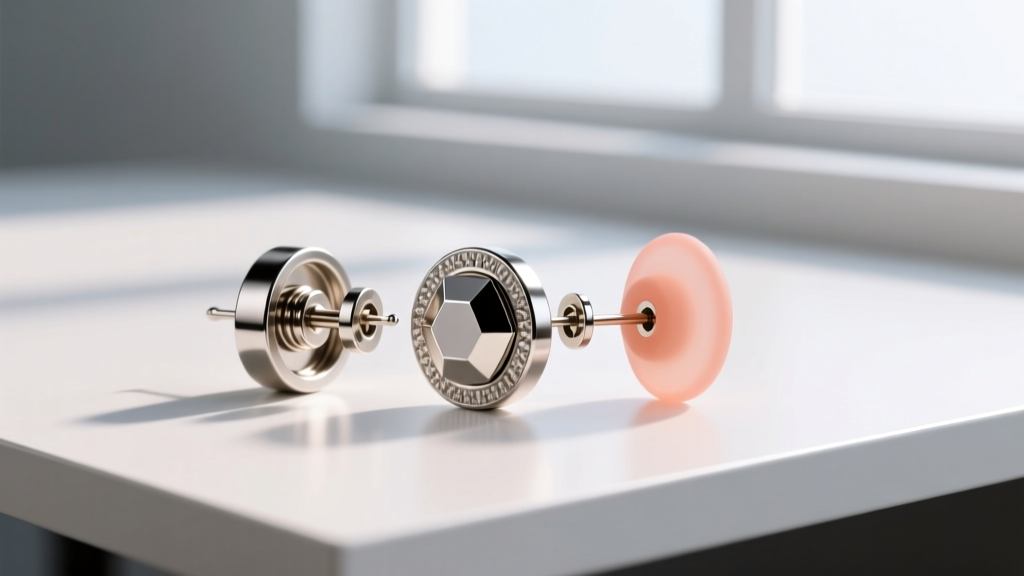 Close-up of a disassembled magnetic earring showing a neodymium core, titanium casing, and silicone pad on a white desk.