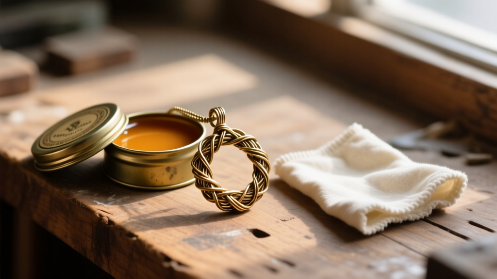 Brass wire-wrapped pendant resting beside an open tin of Renaissance wax and a microfiber cloth on a wooden jeweler's workbench
