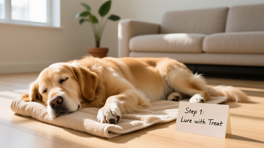 Dog resting comfortably on a folded towel indoors, looking relaxed and content