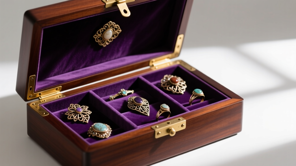 Lit mahogany vintage jewelry display case with brass hinges, open to reveal velvet compartments holding antique brooches and rings.