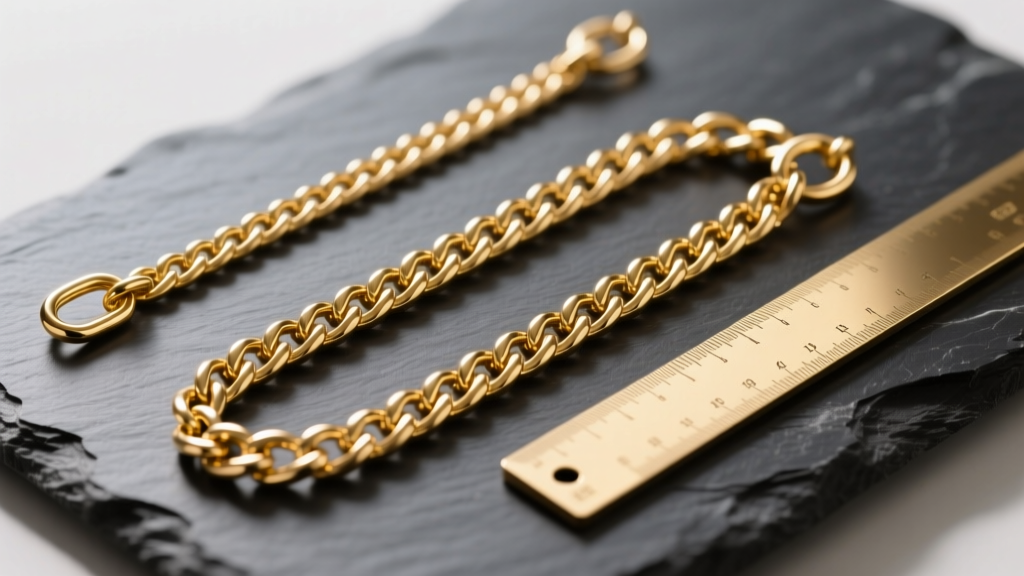 Flat lay of three unclasped gold chains of varying gauges and lengths, arranged parallel on dark slate next to a brass ruler
