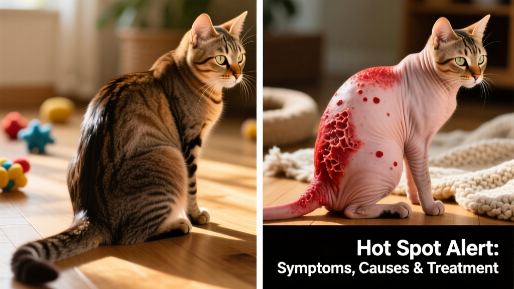 Side-by-side comparison showing healthy cat skin versus an inflamed, hairless hot spot near the base of the tail