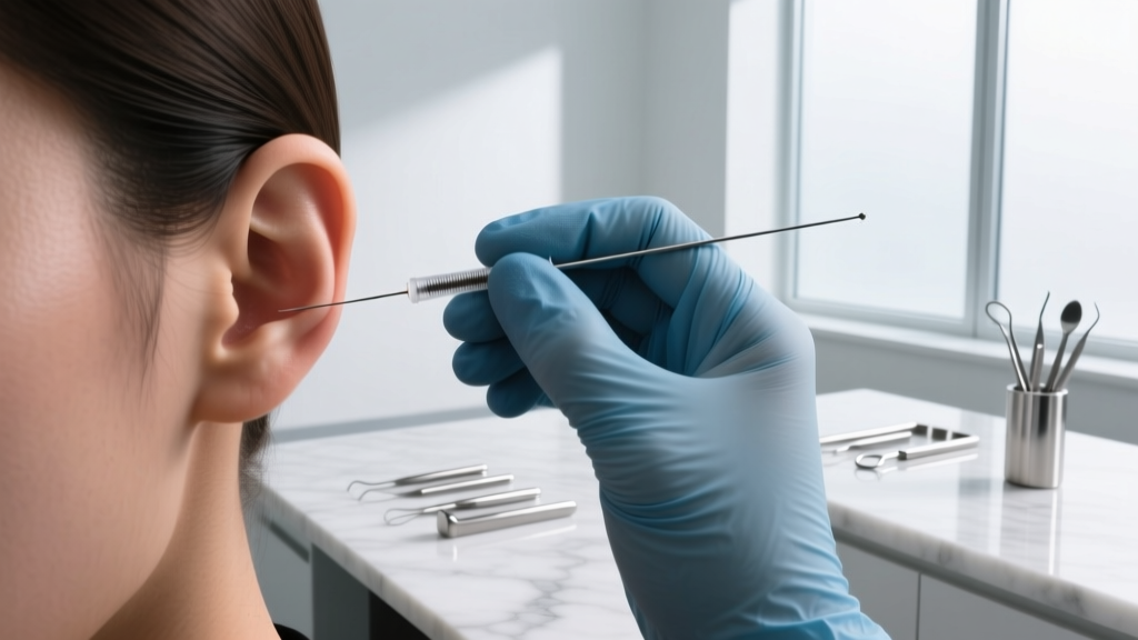 Piercer using a sterile hollow needle on an earlobe, demonstrating precision and care in a clean, modern clinical studio setting.
