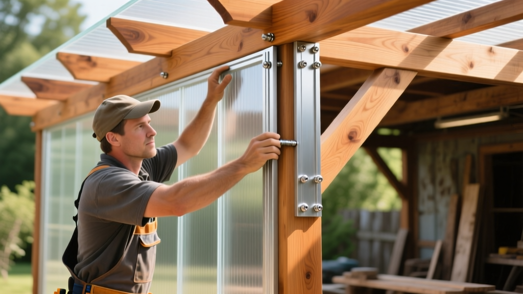 Carpenter securing multiwall polycarbonate panels onto a cedar pergola frame using aluminum profiles and stainless steel screws