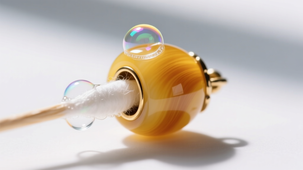 Cotton swab cleaning crevices of a vintage yellow Bakelite charm with soapy water, macro shot in bright natural window light