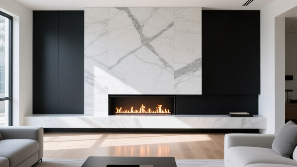 White quartzite ledgestone veneer fireplace surround with a black mantel and modern linear gas insert in a bright living room