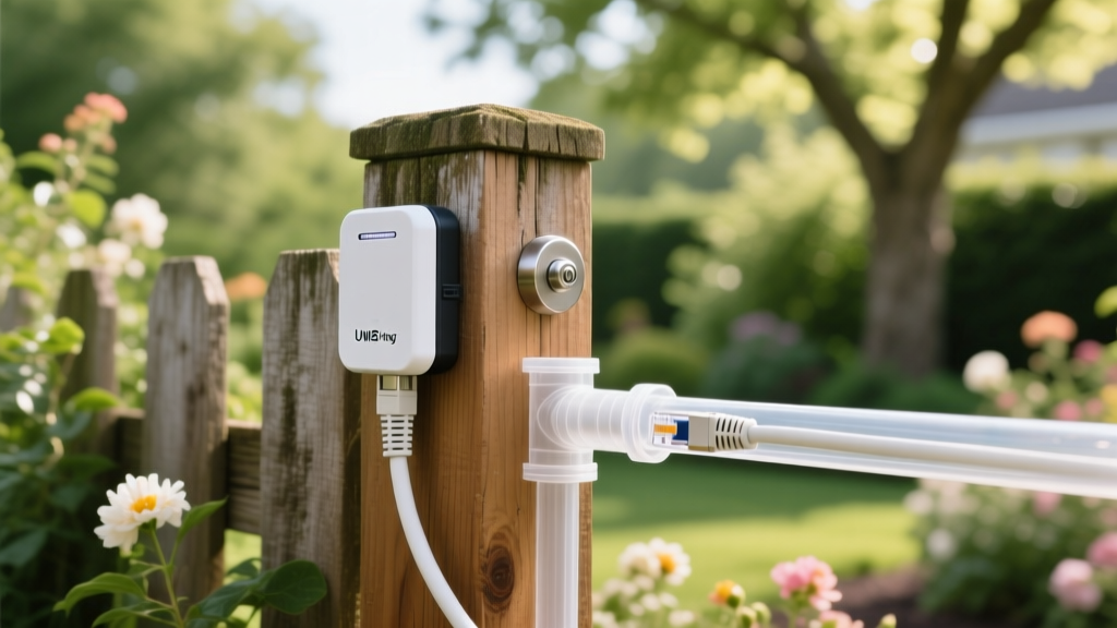 An outdoor garden scene showing a low-voltage UWB tracking anchor mounted to a wooden fence post, with Cat6 cable neatly routed through PVC conduit for weatherproofing.