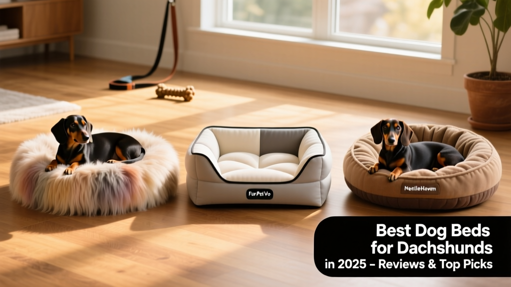 Side-by-side comparison of three FurPetVo dog beds: Calming Shag, OrthoSupport, and NestleHaven—showcasing different shapes and textures