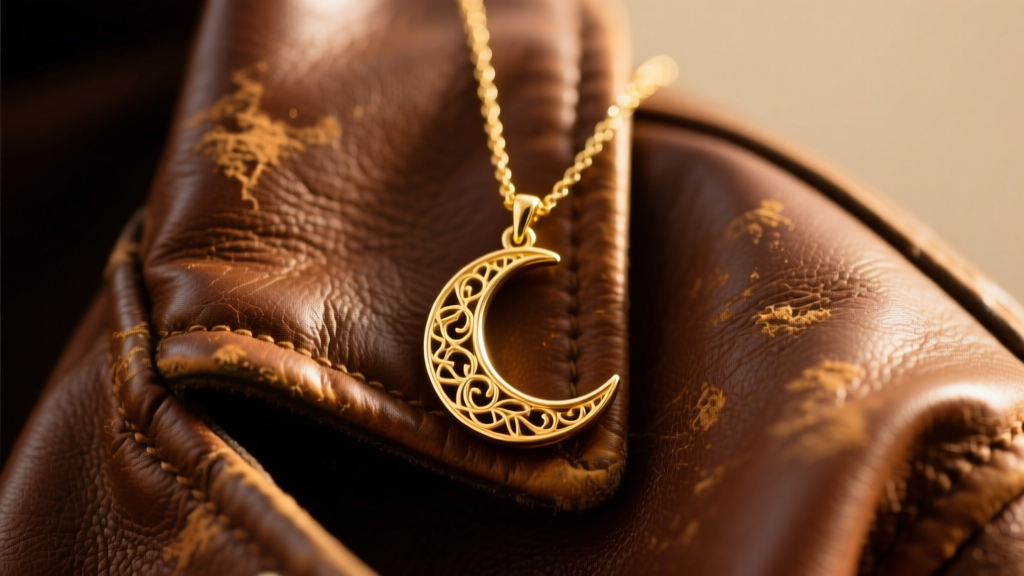 Close-up of a delicate gold-filled crescent moon pendant necklace resting on a vintage leather jacket under soft warm lighting.