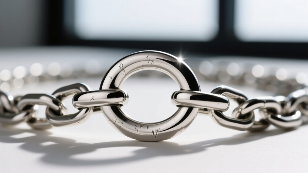 Macro photography of a sterling silver toggle clasp on a thick chain necklace, showing the T-bar inserting into the oval ring.
