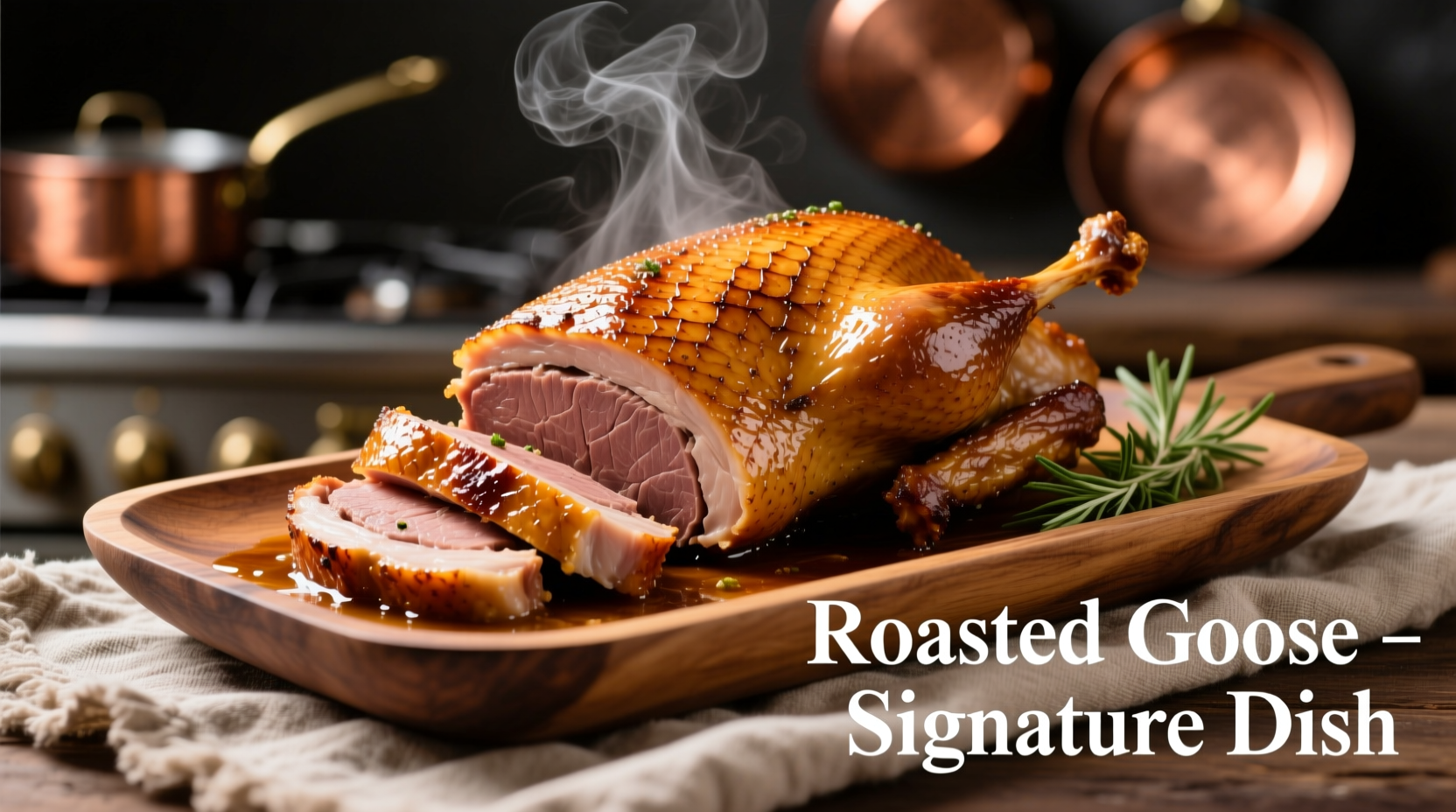 Sliced roasted goose with crispy skin on platter