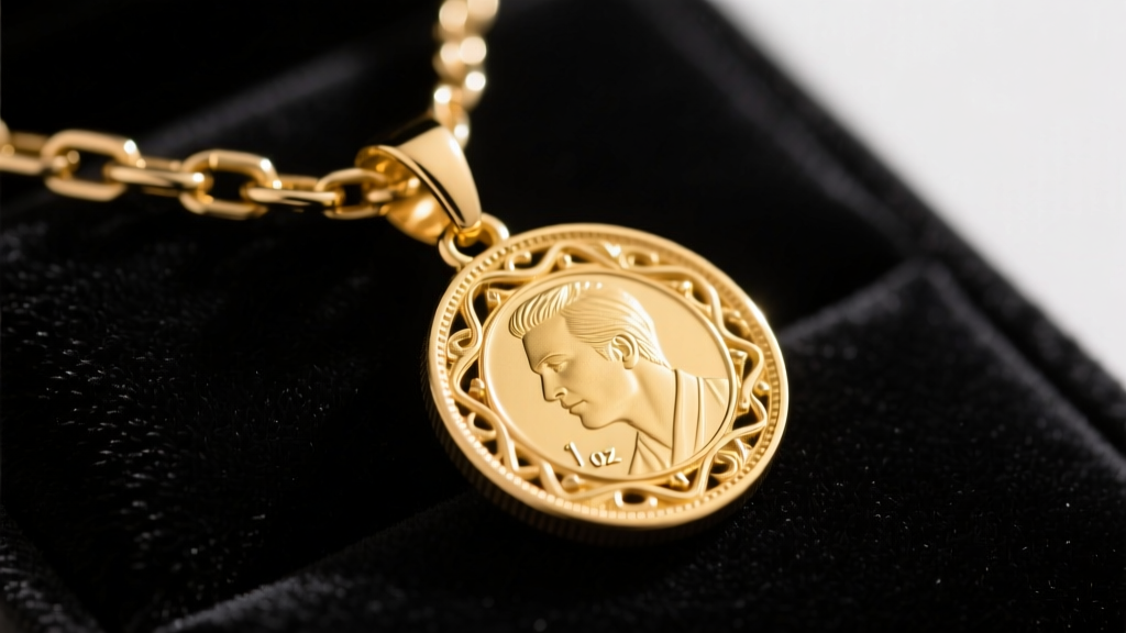 Close-up of a 1 oz gold coin pendant on dark velvet, highlighting the intricate bezel mount and polished heavy chain links.