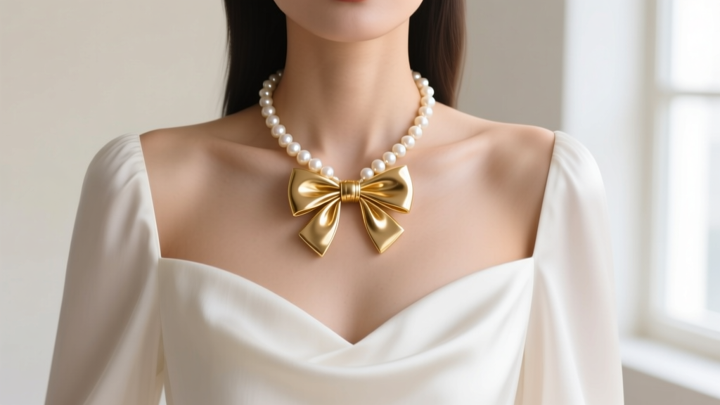 Woman in a white silk sweetheart blouse wearing a 16-inch gold bow pearl necklace resting perfectly against her bare collarbone.