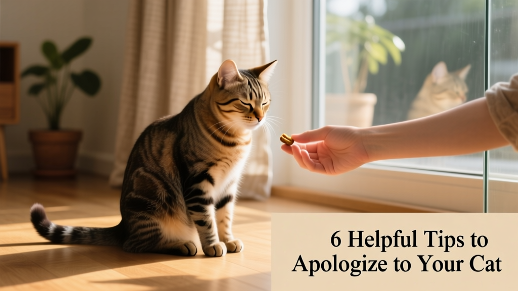 A relaxed cat sitting beside a gentle hand offering a treat, showing peaceful body language