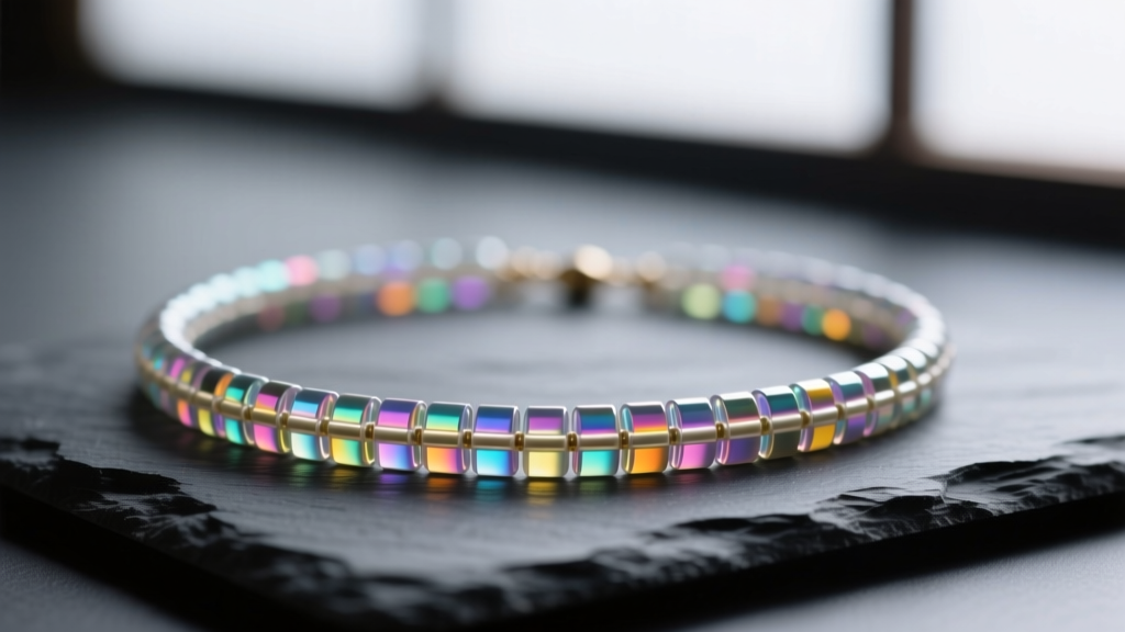 Macro photography of a tightly woven Japanese bead necklace using iridescent Miyuki Delica cylinder beads, resting on dark slate.
