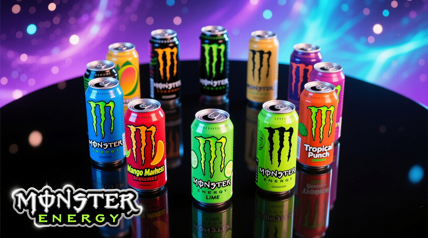 Monster Energy drink flavors arranged in colorful display