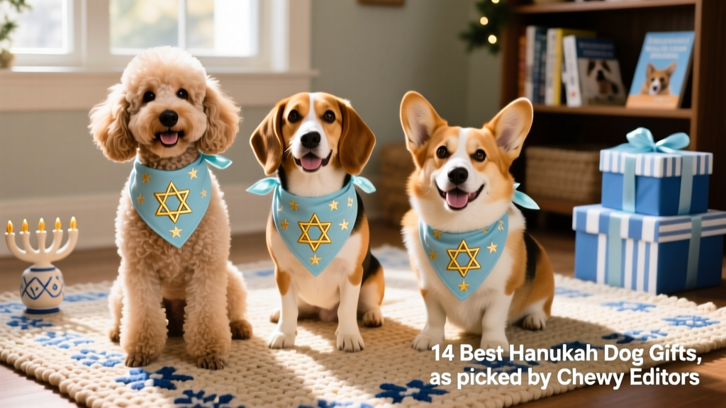Three dogs—a poodle, a beagle, and a corgi—wearing matching Hanukkah-themed bandanas, posed together on a rug with blue-and-white decorations
