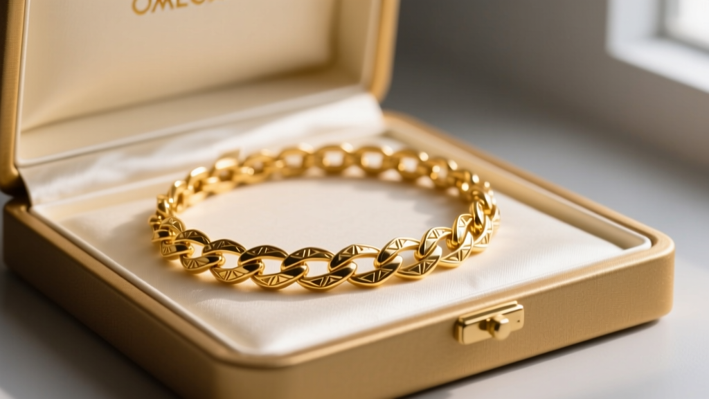 Storing a thick 8mm gold omega necklace flat in a rigid fabric-lined jewelry box to prevent kinking, warm ambient room lighting