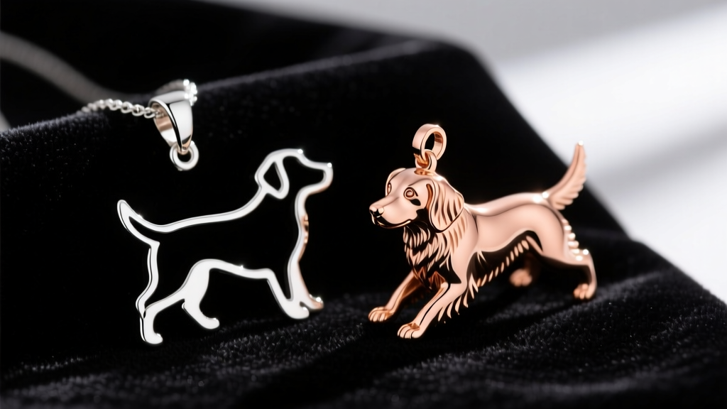 Macro shot of a sterling silver retriever outline pendant next to a 14k rose gold 3D retriever charm resting on dark velvet.