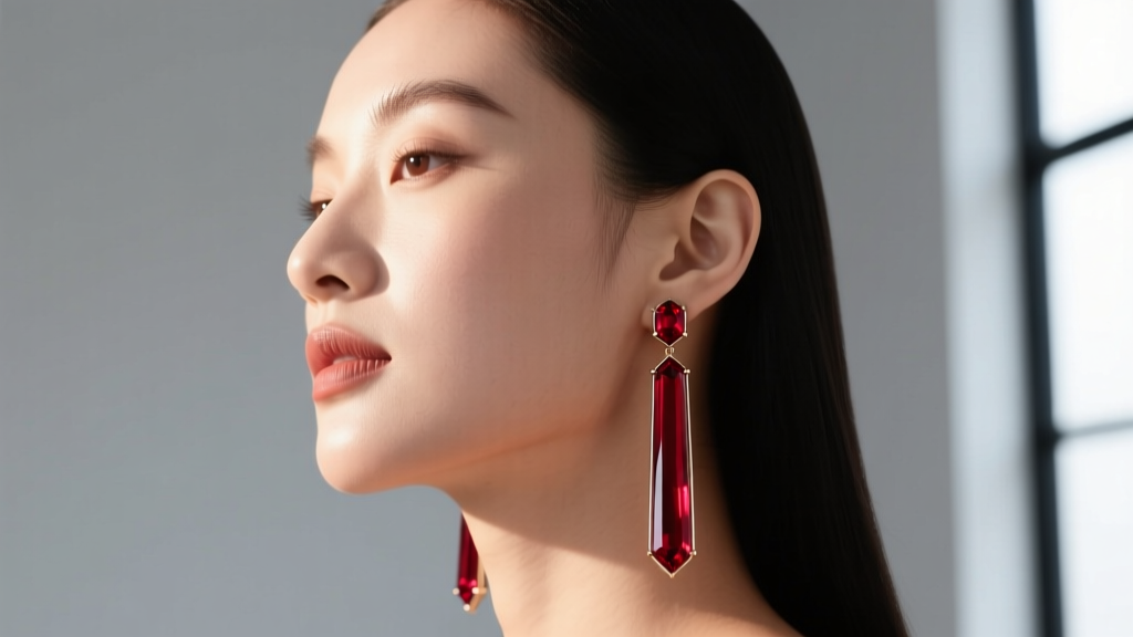 Side-profile portrait of a woman with a round face wearing long, linear ruby drop earrings that visually elongate her jawline