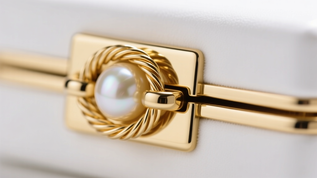 Macro view of 18k gold figure-8 safety wire on a pearl box clasp, revealing the laser-welded hinge mechanism and polished surface