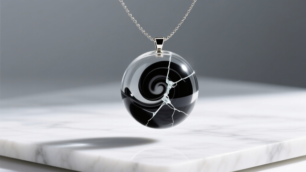 Cracked mood necklace pendant with black liquid inside the glass dome, resting on white marble under bright studio lighting.