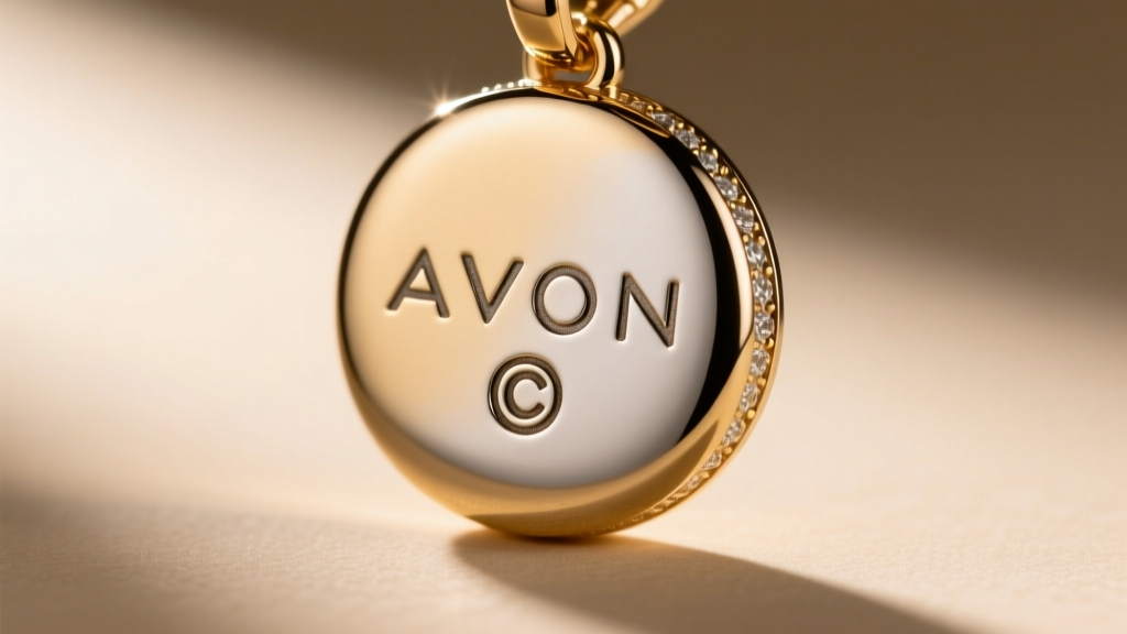 Macro photography of an Avon pendant back showing the stamped AVON hallmark and copyright symbol next to a jeweler