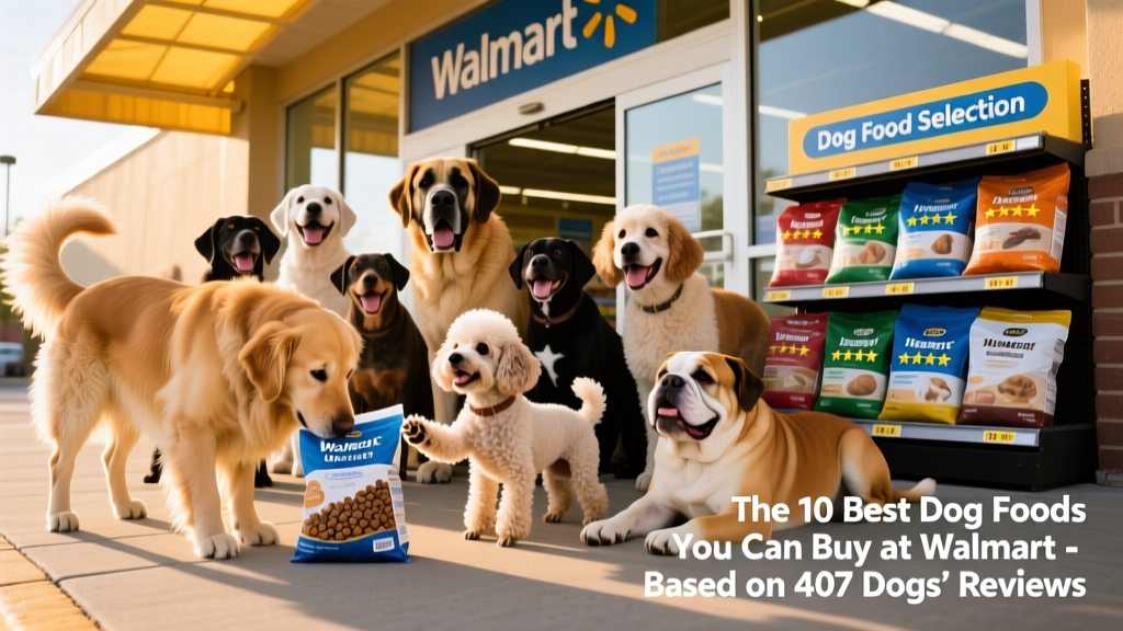 A diverse group of healthy, happy dogs of different breeds and sizes gathered near a Walmart storefront with dog food bags visible nearby