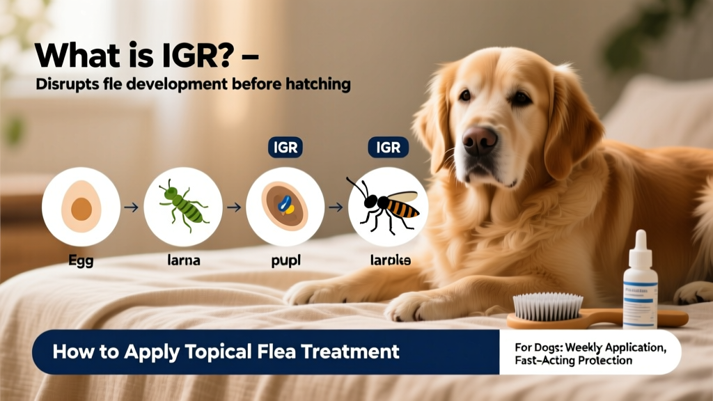 Infographic showing the flea life cycle with IGRs targeting eggs and larvae