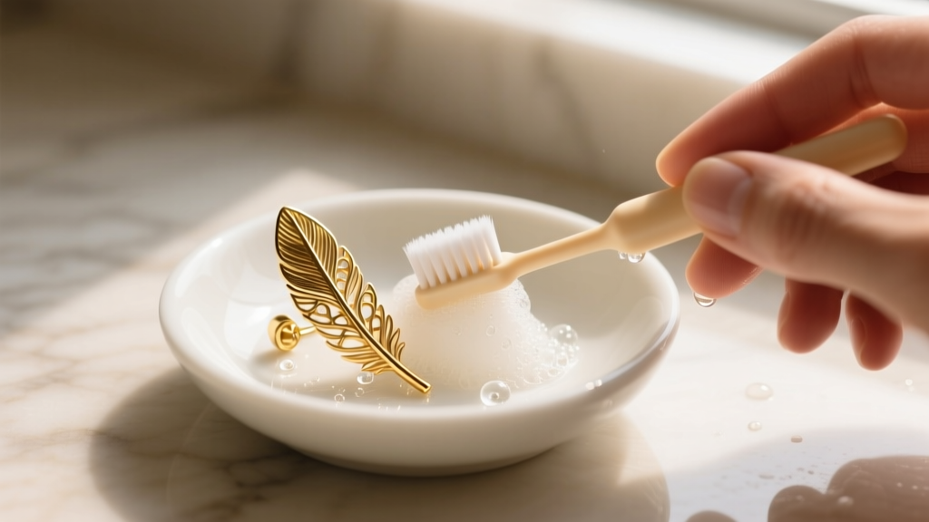 Hands cleaning a delicate 18k gold feather earring with a soft baby toothbrush and mild soapy water in a small white ceramic dish.