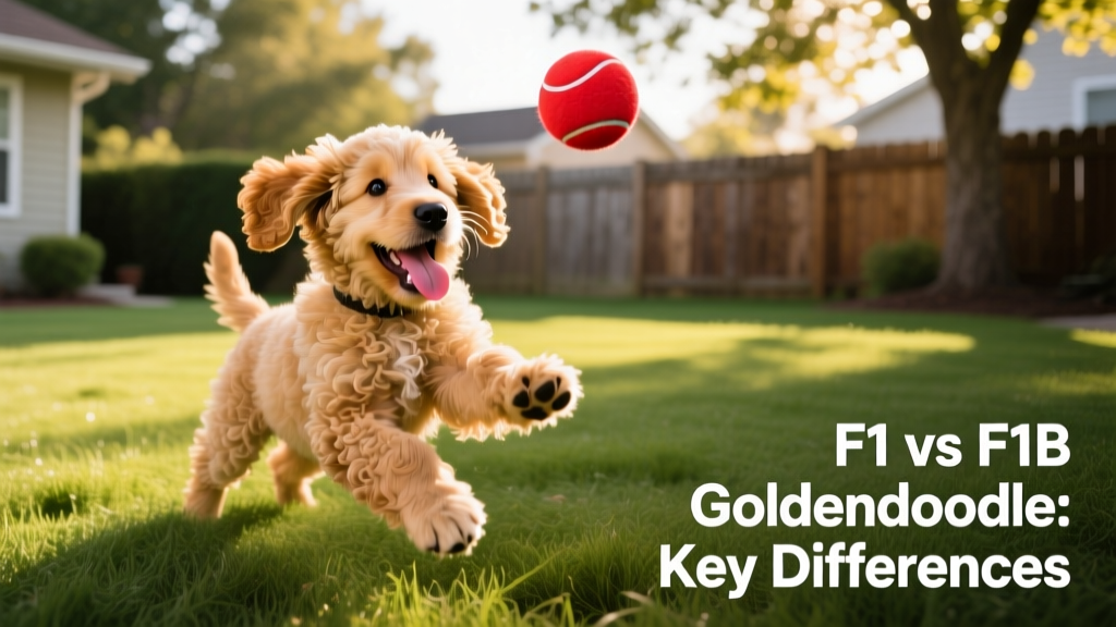 A happy F1B Goldendoodle puppy playing fetch in a sunlit backyard, showcasing its curly coat and joyful expression