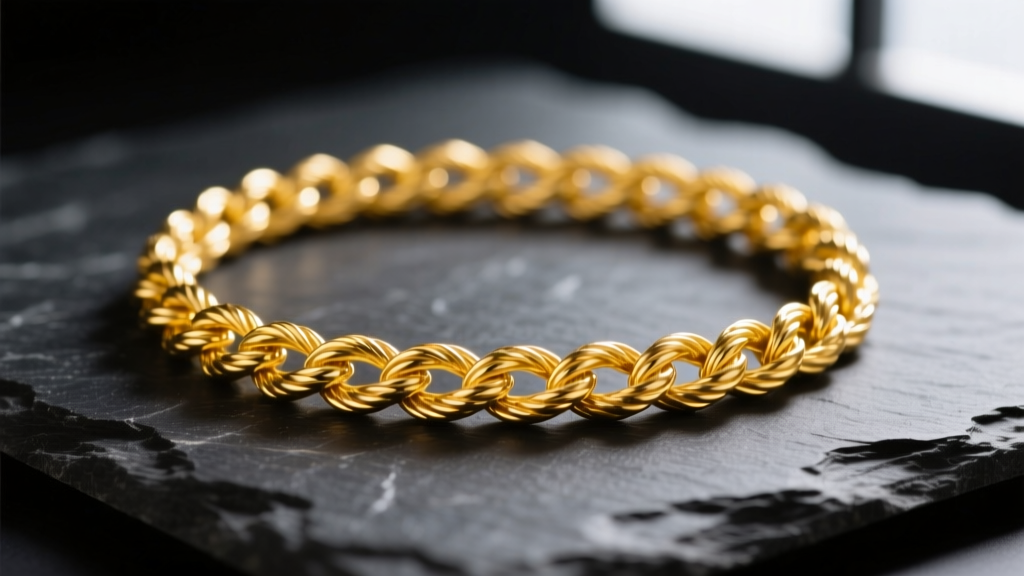 Macro shot of a delicate 24k gold rope chain on dark slate, highlighting the rich yellow hue and soft metallic luster.