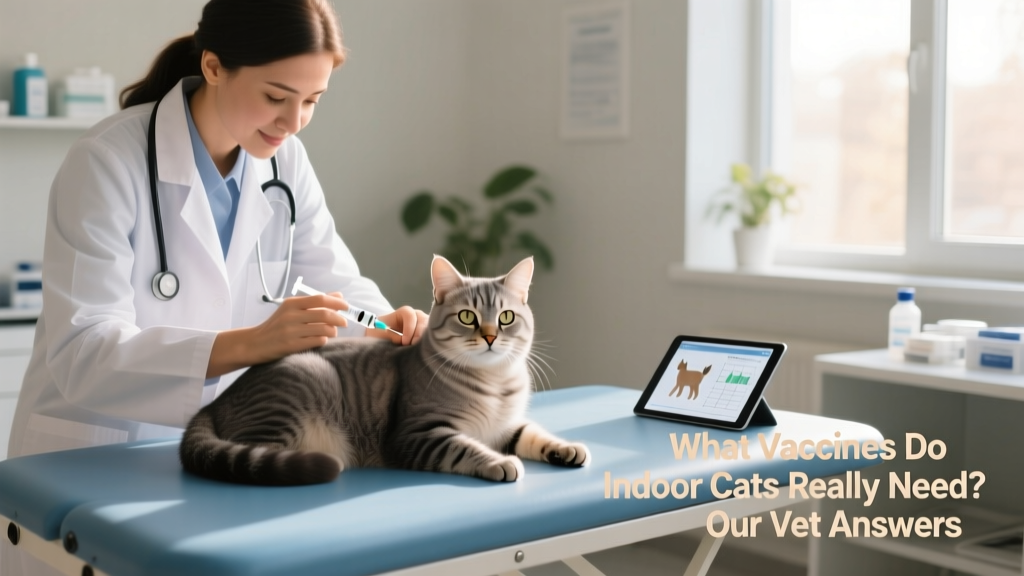 A veterinarian gently administering a vaccine to a calm indoor cat during a routine wellness exam