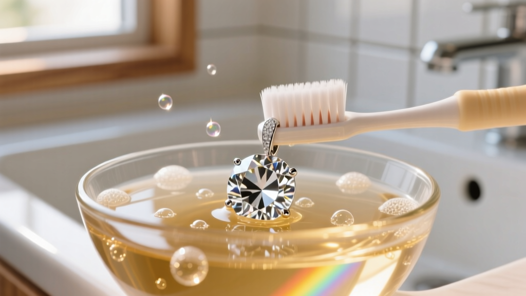 Close-up of a soft baby toothbrush gently scrubbing a large diamond pendant submerged in a glass bowl of warm soapy water.