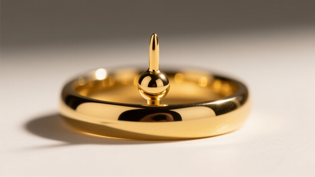 Close-up of a 6-gauge solid 14k yellow gold segment ring in a healed genital piercing, showing the seamless joint and high polish