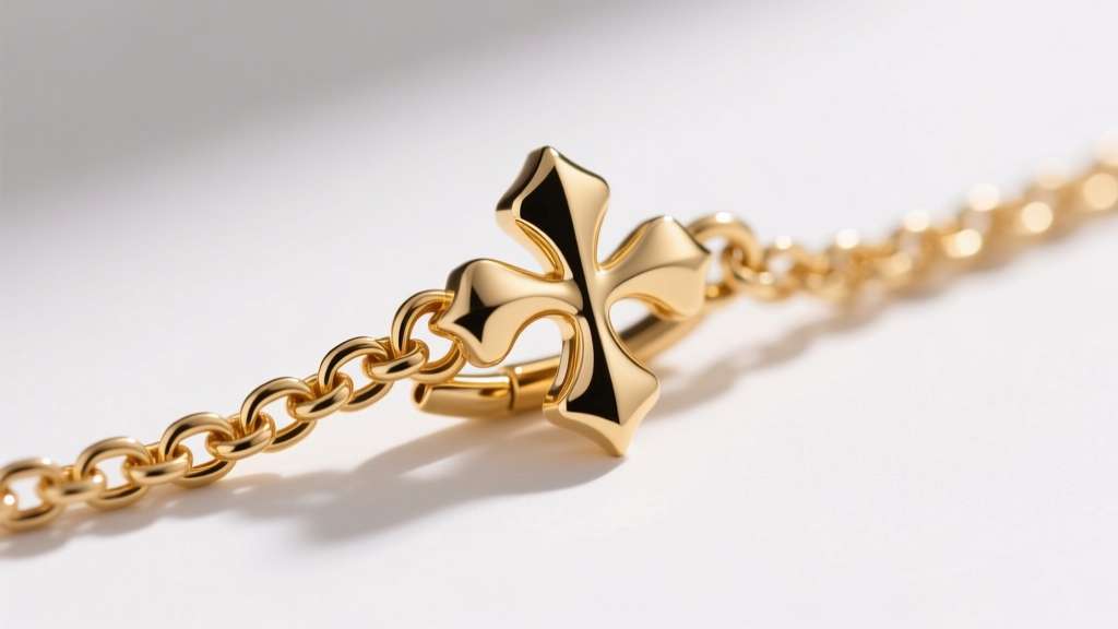 1.2mm 14k gold box chain through a fleur de lis pendant bail, showing the lobster clasp and link details in sharp macro focus.