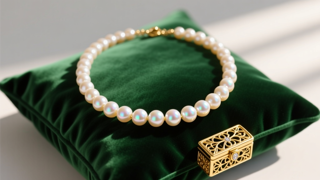 Vintage 14k gold pearl necklace on emerald velvet, showing glowing mid-century Akoya pearls and a delicate filigree box clasp.