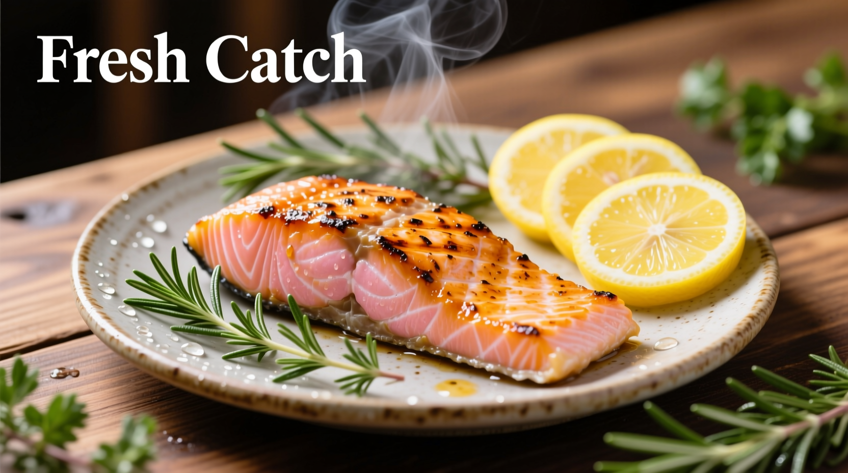Salmon fillet with lemon and herbs on plate