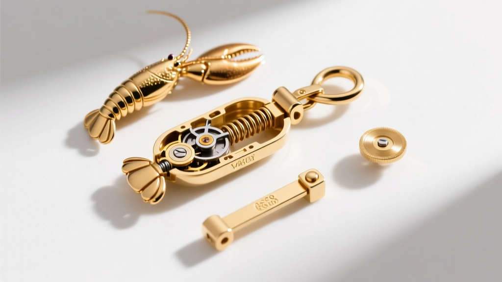 Overhead view of a disassembled 18k gold lobster clasp showing the internal tension spring and lever on a jeweler