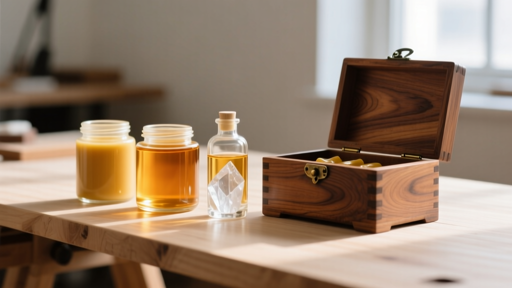 Jars of wax and mineral spirits arranged beside a grained vintage cedar jewelry box on a clean, well-lit wooden workbench.