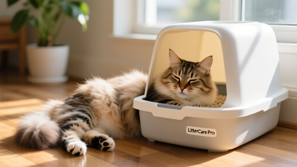 Close-up of a relaxed cat resting beside a clean litter box