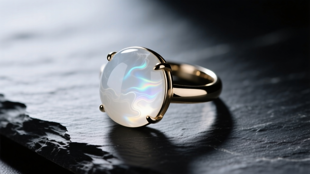 Close-up of a bezel-set milky quartz cabochon ring on dark slate, showing its cloudy white translucence under soft natural light