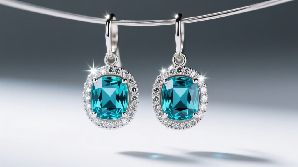 Macro shot of 18k white gold drop earrings with emerald-cut aquamarines and micro-pavé diamond halos under bright studio lighting.