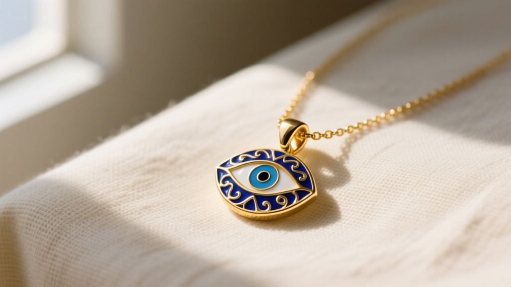 Gold-plated evil eye pendant necklace with blue enamel details resting on cream linen fabric under soft natural window light
