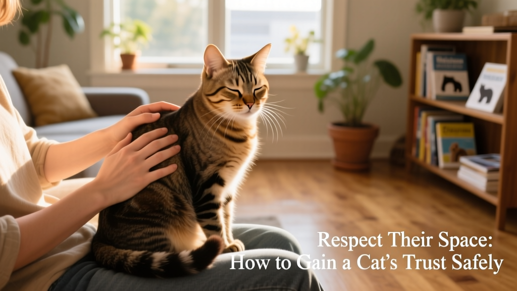 A calm cat sitting on a person’s lap while being gently stroked, eyes half-closed in contentment