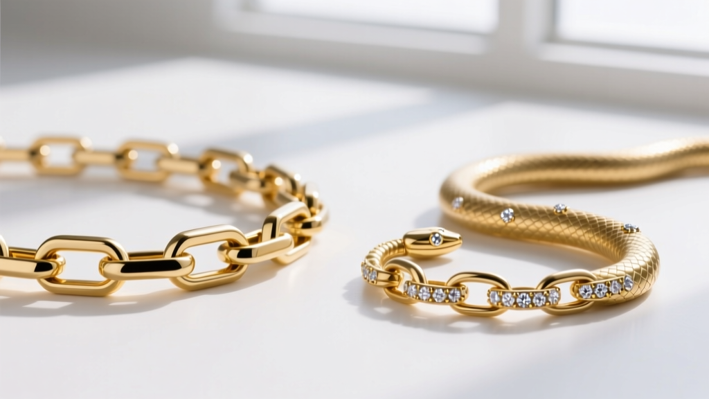 Macro view of a rigid gold serpent link chain beside a flexible snake chain, showing hinge joints and tiny diamond pavé accents