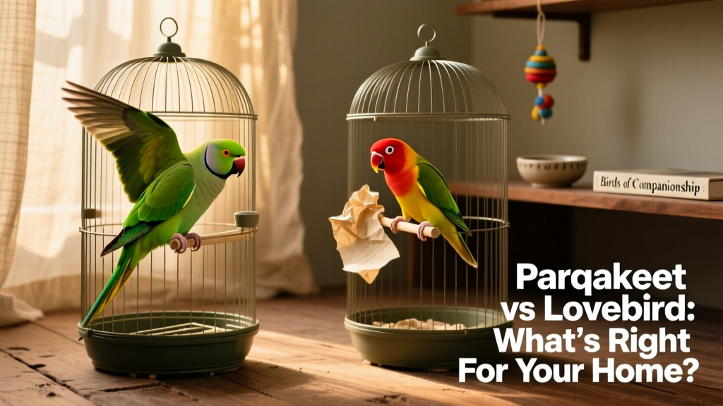 Two birds side by side in separate but adjacent cages—one parakeet preening its feathers, one lovebird holding a strip of paper in its beak