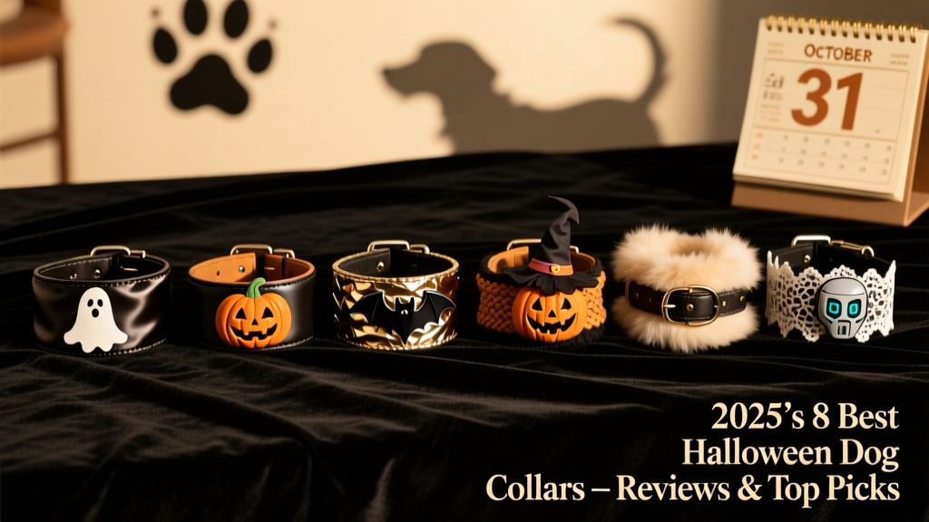 Side-by-side comparison of six Halloween collars laid out on a dark velvet surface, showing varied textures and themes